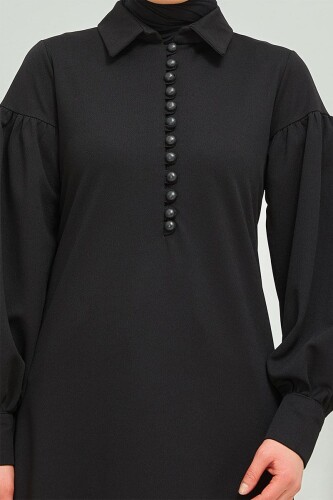 Balon Kollu Düğme Detaylı Tesettür Elbise BRC11M02 Siyah - 7