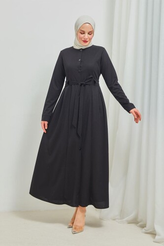 Boydan Düğmeli Kuşaklı Elbise BRC8073 Siyah - 7