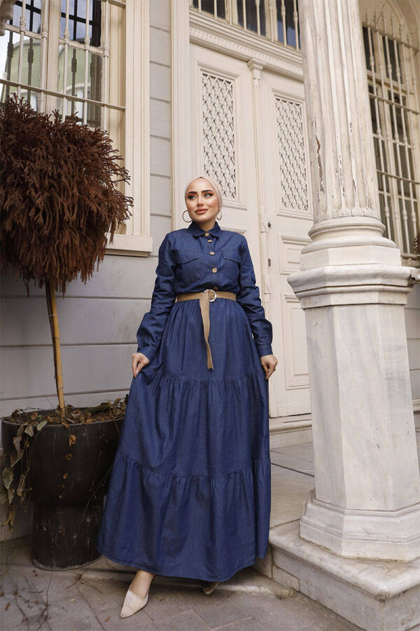Hasır Kemerli Cep Detaylı Tesettür Kot Elbise FDL1006-1 Koyu Mavi - 4