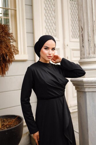 Eteği Fırfırlı Kadın Abiye Elbise BRC1109 Siyah - 6