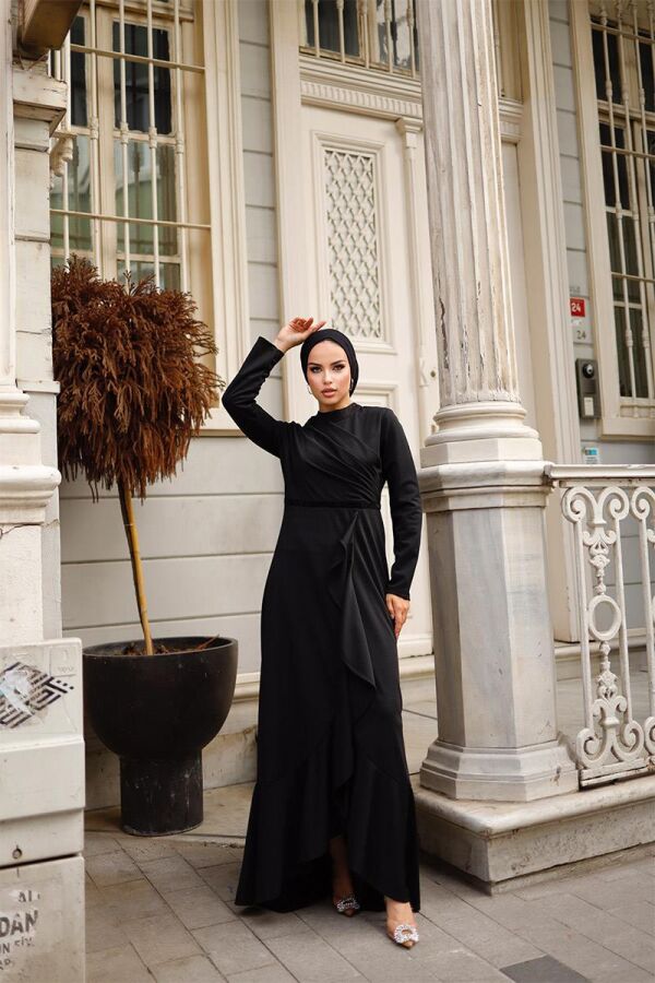 Eteği Fırfırlı Kadın Abiye Elbise BRC1109 Siyah - 1