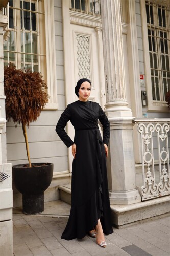 Eteği Fırfırlı Kadın Abiye Elbise BRC1109 Siyah - 2