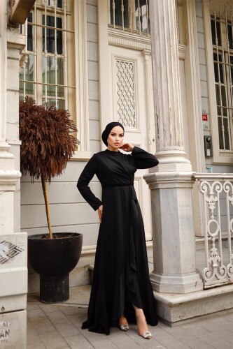 Eteği Fırfırlı Kadın Abiye Elbise BRC1109 Siyah - 4