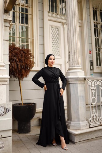Eteği Fırfırlı Kadın Abiye Elbise BRC1109 Siyah - 5