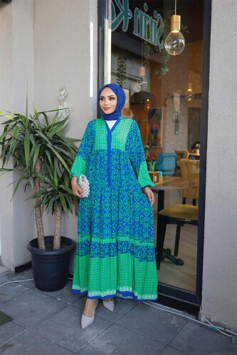 Etnik Desenli Viscon Tesettür Elbise BRC1111 Yeşil Mavi 