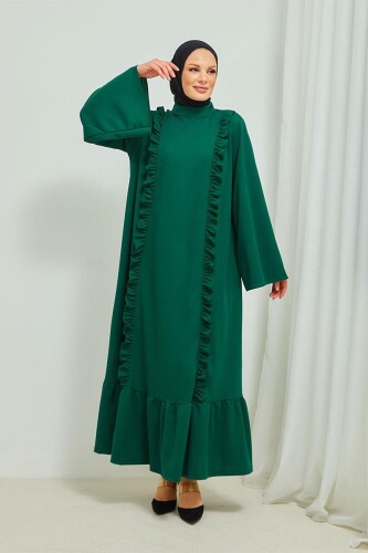 Fırfır Detaylı Tesettür Elbise Abaya BRC11M01 Zümrüt - 2
