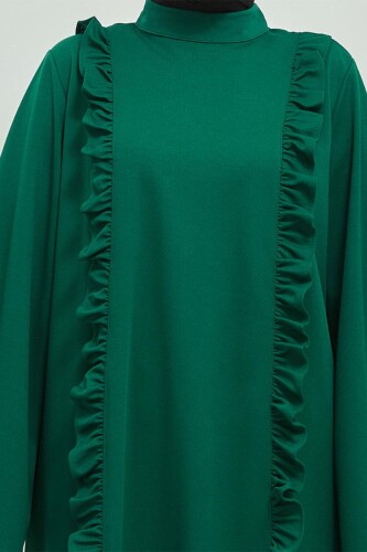 Fırfır Detaylı Tesettür Elbise Abaya BRC11M01 Zümrüt - 5