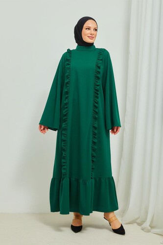 Fırfır Detaylı Tesettür Elbise Abaya BRC11M01 Zümrüt - 6