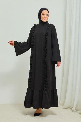 Fırfır Detaylı Tesettür Elbise Abaya BRC11M01 Siyah 