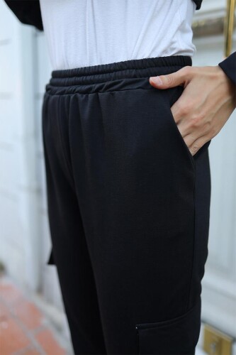 Kadın Bel Lastikli Kargo Cepli Pantolon BRC1401 Siyah - 4