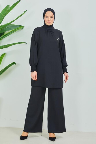 Yakası büzgülü Bürümcük Tunik Pantolon Takım BRC24M01 Siyah 
