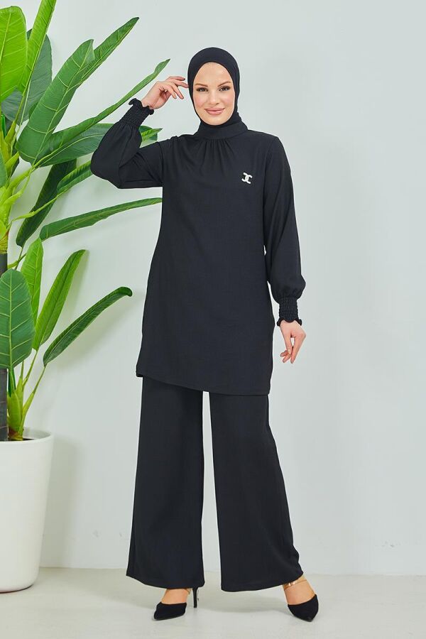 Yakası büzgülü Bürümcük Tunik Pantolon Takım BRC24M01 Siyah - 2